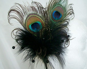 Black Peacock Feather & Crystal Pearl Burlesque Vintage Gothic Wedding Fascinator Hair Comb - Made to Order