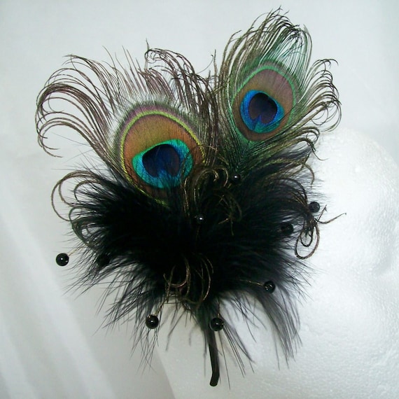 Black Peacock Feather & Crystal Pearl Burlesque Vintage 