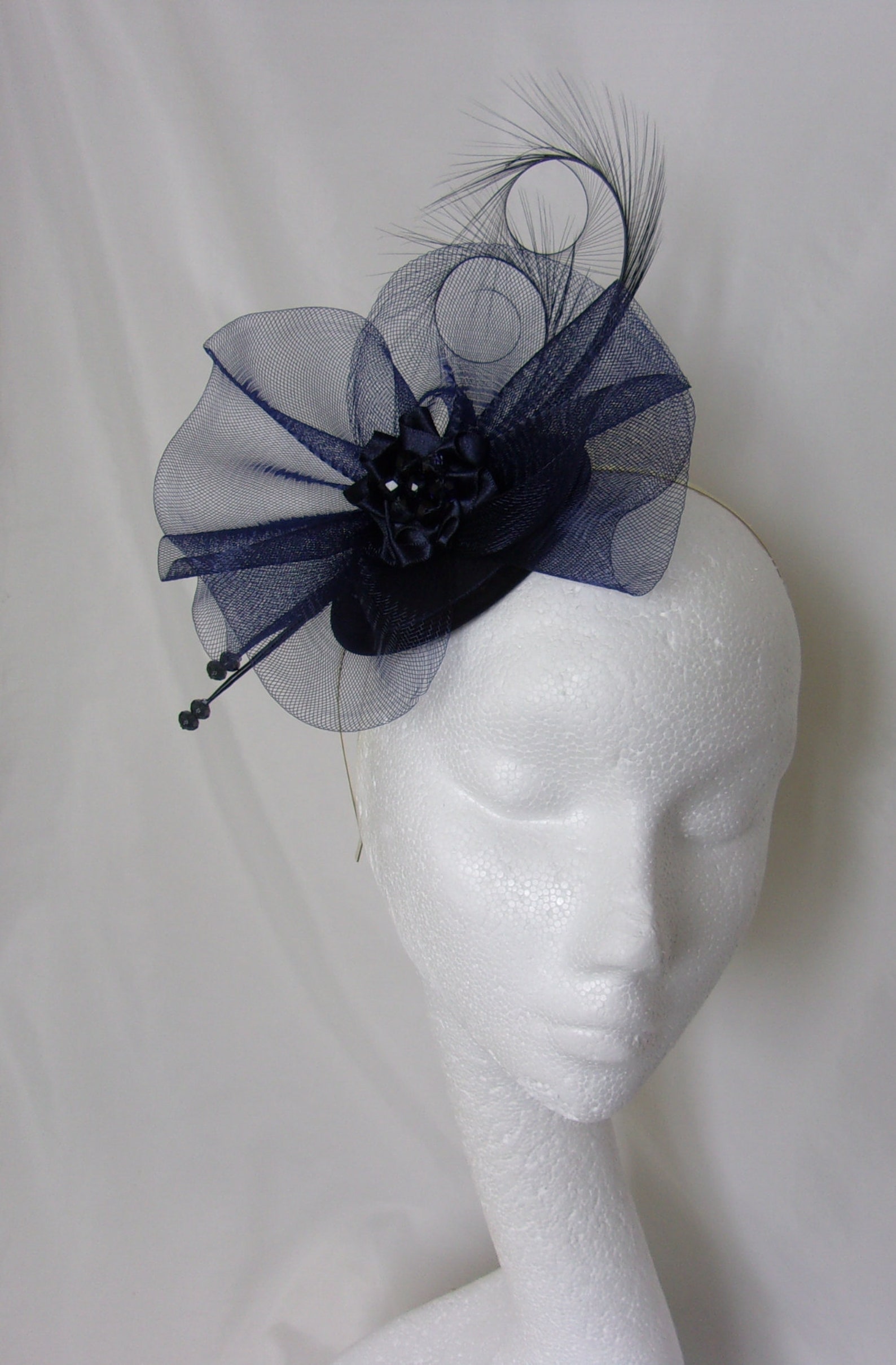 Navy Blue Fascinator Midnight Curl Feather Crinoline & Etsy UK