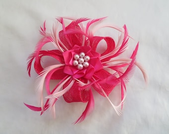 Cerise Fuchsia Raspberry and Pale Pink Sinamay Loop Feather Clip Fascinator Mini Hat Headpiece Bag Wedding Races - Made to Order