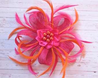 Cerise Raspberry Fuchsia Pink and Orange Bright Vibrant Sinamay Loop Feather Clip Fascinator Mini Hat Headpiece Wedding - Made to Order