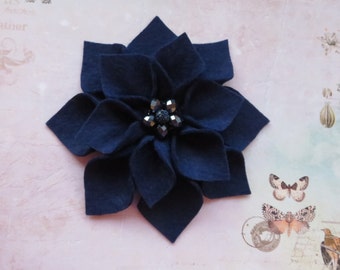 Navy Blue Vintage Handmade Felt Flower & Crystal Hair Clip Retro Floral Accessories - Wedding - Made to Order