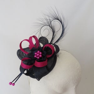 Navy Blue and Raspberry Magenta Pink Curl Feather Sinamay Loop & Pearl Fascinator Mini Hat Hatinator Wedding Races Ascot -  Made To Order