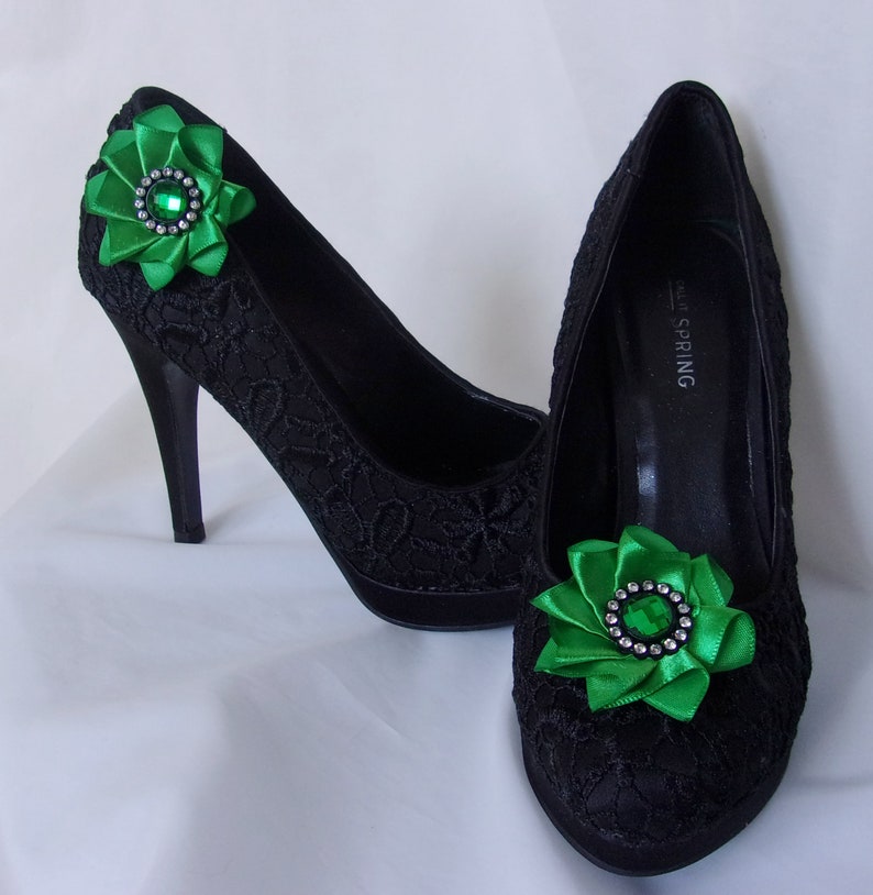 Made to Order Emerald Green Shoe Clips Satin /& Crystal Ribbon Ruffle Shoe Clip Accessories Wedding Prom Gift