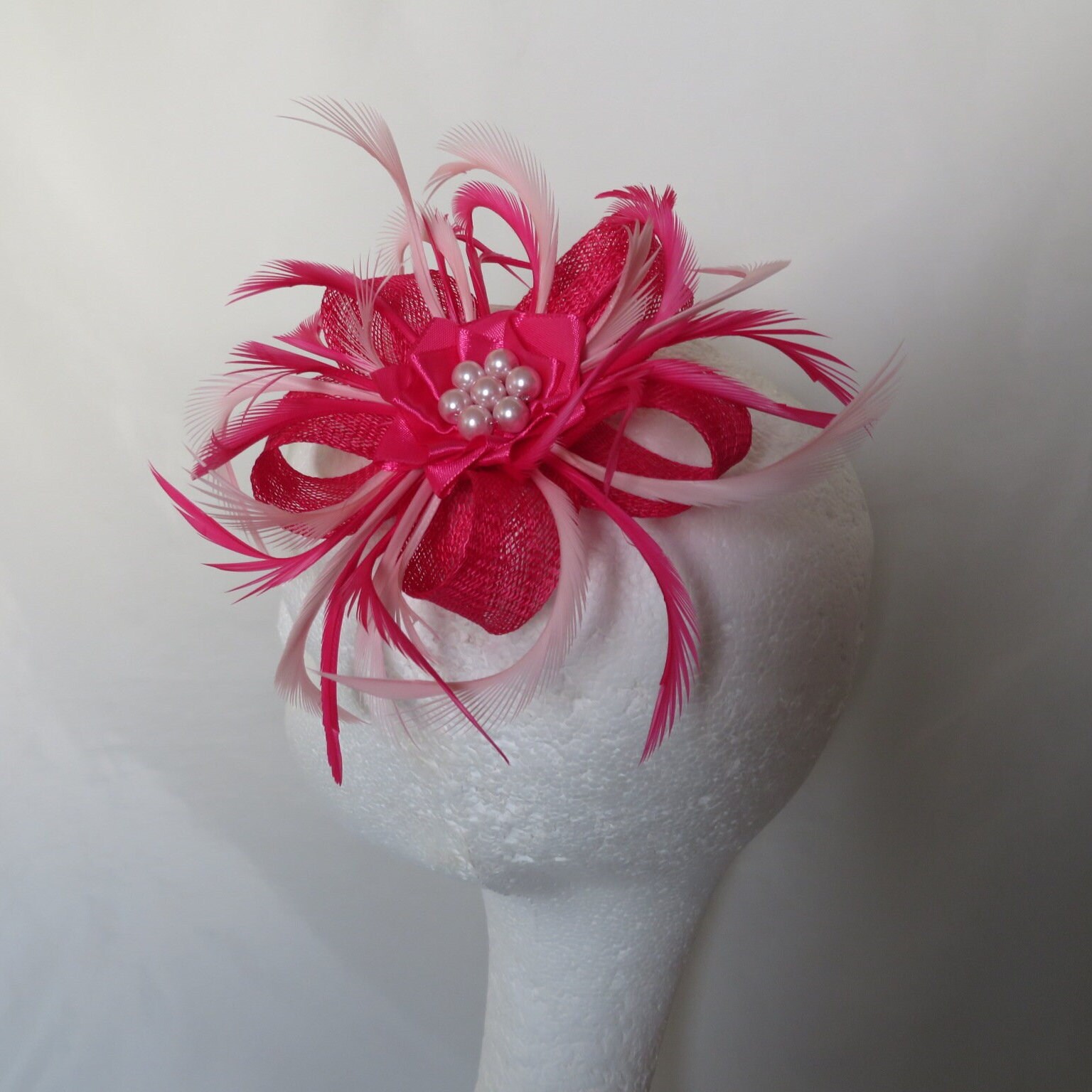 Cerise Fuchsia Raspberry and Pale Pink Sinamay Loop Feather Clip Fascinator Mini Hat Headpiece Bag Wedding Races - Made to Order