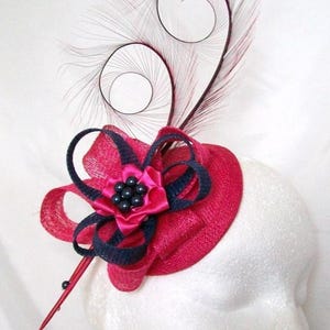Cerise and Navy Blue Fascinator - Hot Fuchsia Pink  Pheasant Curl Feather Sinamay & Crystal Mini Hat - Made To Order - Wedding Derby Ascot