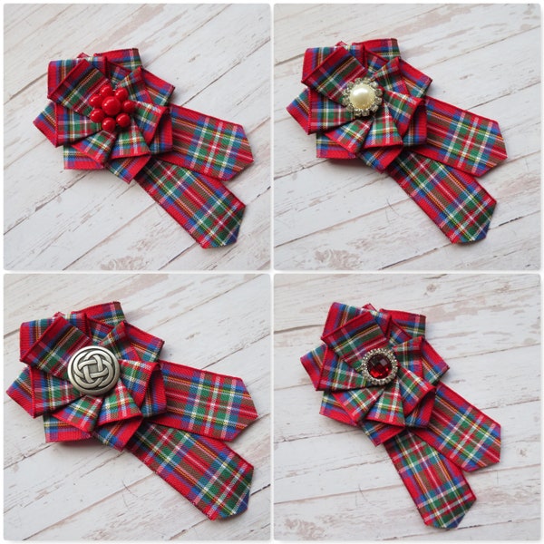 Royal Stewart Red Tartan Ruffle Rosette Crystal Mini Brooch Pin Scottish Plaid Ribbon Wedding Buttonhole Corsage Gift- Made to Order