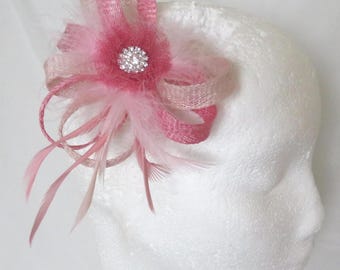 Small Dusky Rose Pink and Pale Blush Quartz Pink Sinamay & Feather Diamante Clip in Fascinator Mini Hat Headpiece Wedding Races - Ready Made