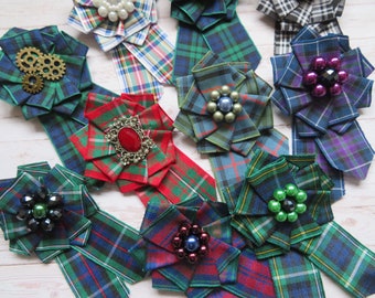Tartan Ruffle Rosette Mini Brooch Pin Scottish Highland Clan Plaid Ribbon Crystal or Pearl Ceilidh Wedding Corsage Gift  - Made to Order