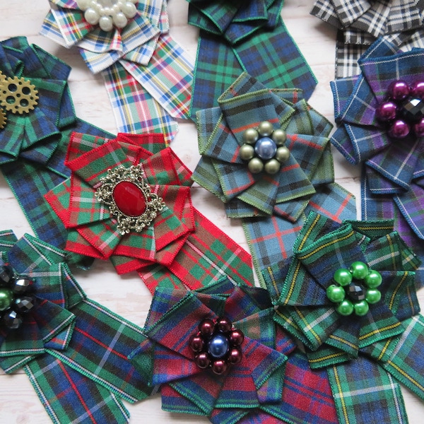 Tartan Ruffle Rosette Mini Brooch Pin Scottish Highland Clan Plaid Ribbon Crystal or Pearl Wedding Corsage Gift Ceilidh - Made to Order