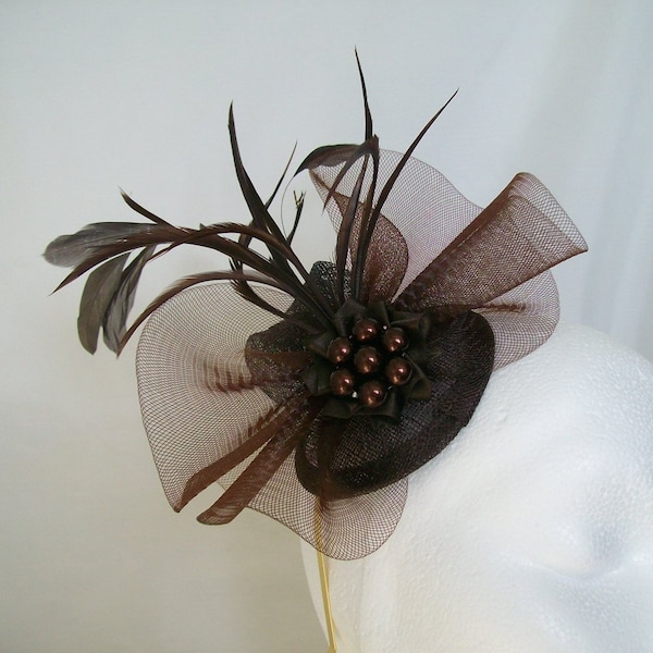 Dark Chocolate Brown Vintage Style Crinoline Bow Feather Plume & Pearl Wedding Fascinator Headpiece Mini Hat - Custom Made to Order