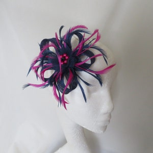Navy Blue and Magenta Orchid Pink Sinamay Loop Feather Pearl Hair Clip Fascinator Headpiece Wedding Races - Made to Order