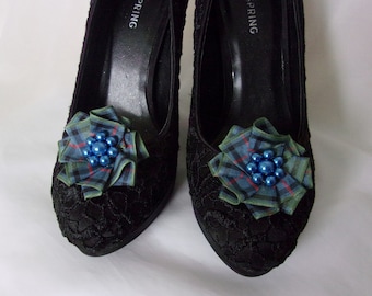 Flower of Scotland Tartan Shoe clips Green Sapphire Blue Plaid Ruffles with Pearls Highland Clan Gift Gifts  -Made to Order