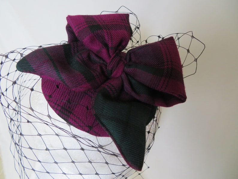 Magenta Black and Dark Green Elegant Tartan Bow Retro Vintage Wedding Percher Cocktail Fascinator Mini Hat Ready to Wear image 6