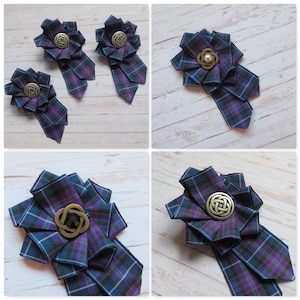 Pride of Scotland Celtic Knot Tartan Ruffle Rosette Mini Brooch Pin Purple Scottish Highland Plaid Ribbon Wedding Corsage Gift Made to Order