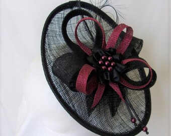 Black Burgundy Fascinator Upback Saucer with Sinamay Loops Curl Feathers & Pearls Wine Claret Marsala Hat- Made to Order - Ascot -Derby
