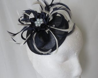 Navy Blue and Cream Ivory Sinamay Loop Feather Handmade Fascinator Hatinator Mini Hat Headpiece Wedding Races - Made to Order