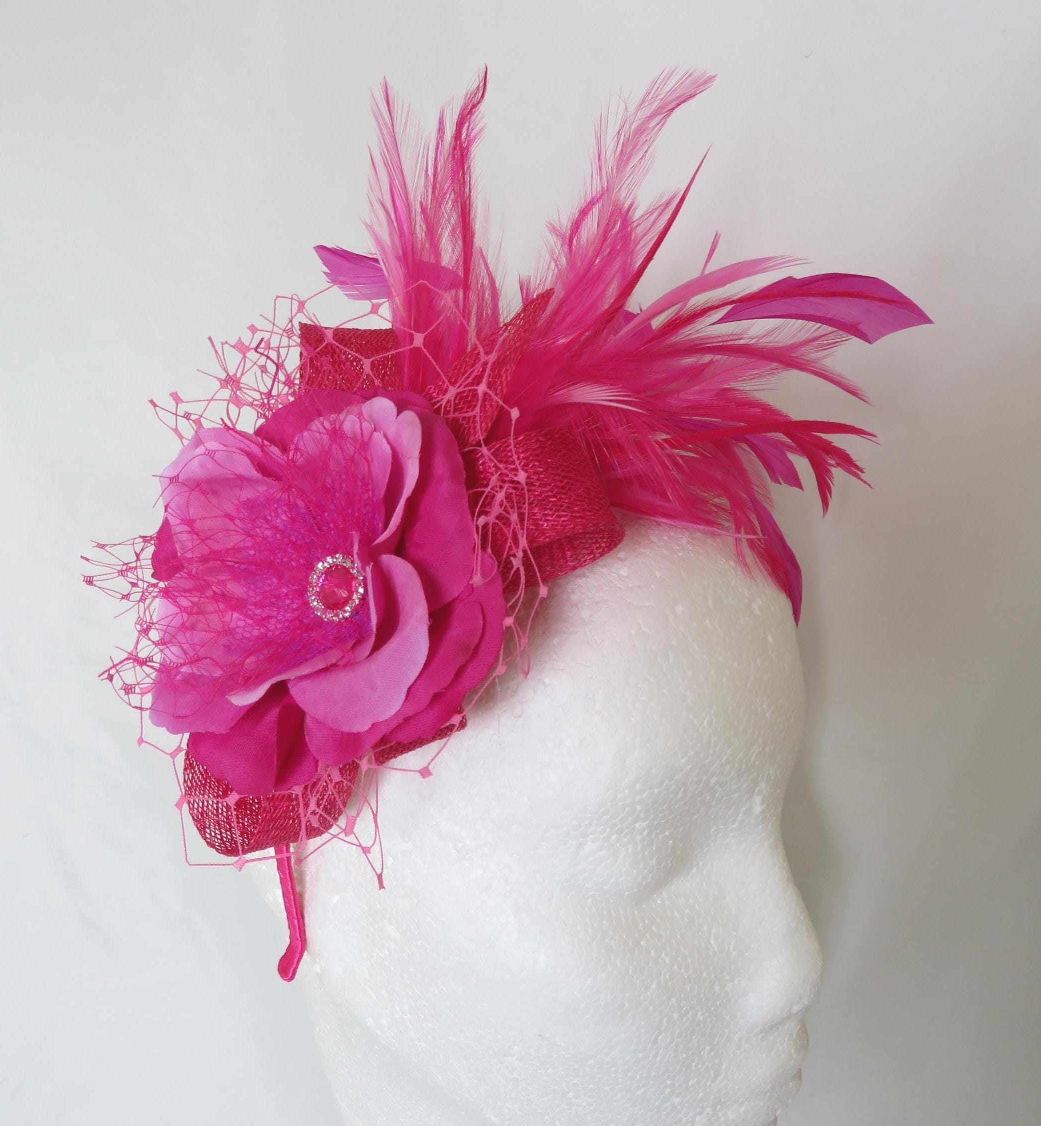 Bright Fuchsia Hot Pink Bespoke Elegant Feather Plume Flower 