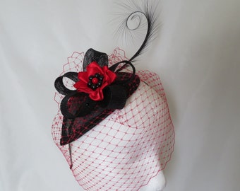 Red and Black Feather & Veil Fascinator Teardrop Percher Headpiece Mini Hat Wedding Ascot Races - Made To Order