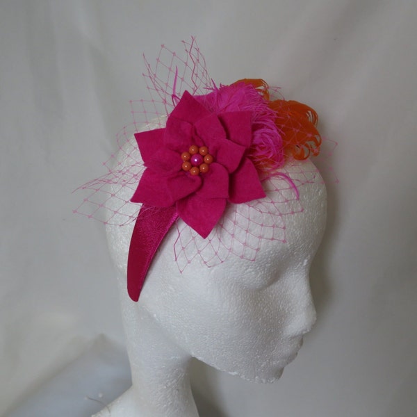 Raspberry Pink Hot Fuchsia and Orange Feather Flower Headband - Retro Vibrant Bright Band Fascinator - Wedding - Ready Made