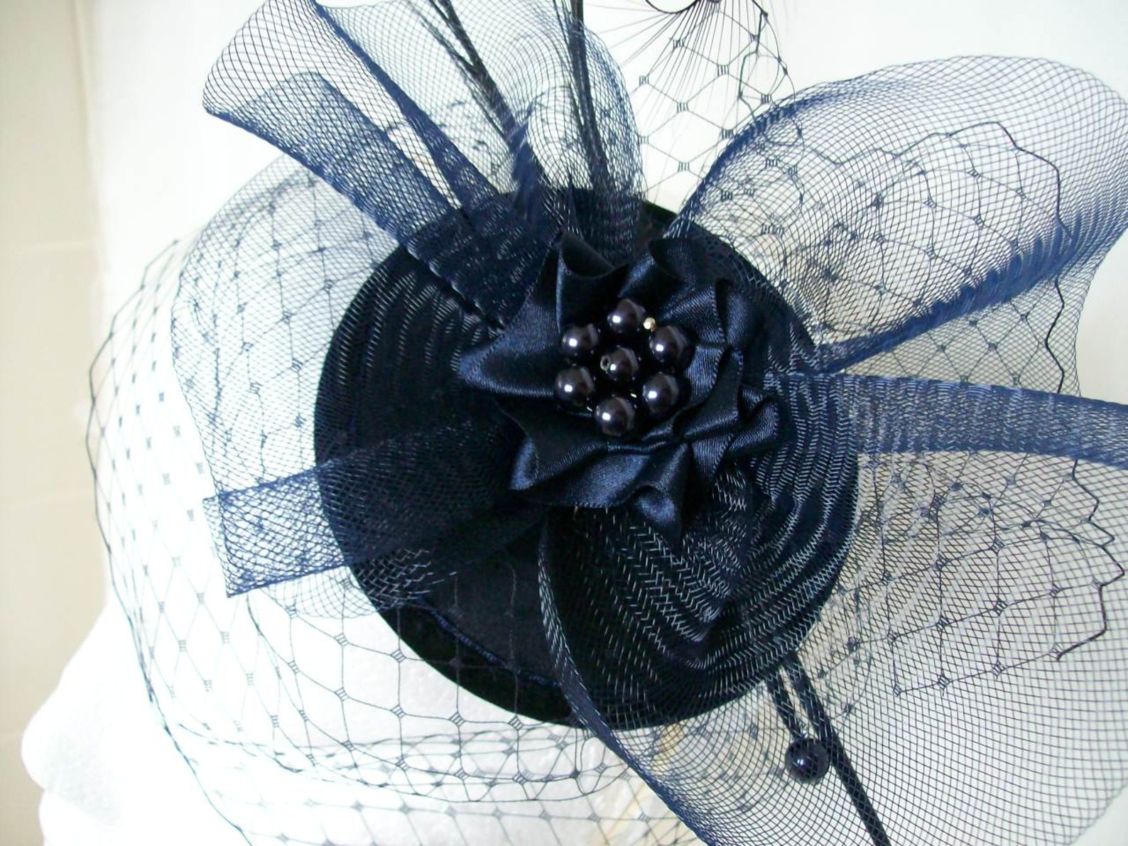 Navy Veiled Fascinator Midnight Blue Curl Feather Veil & Etsy