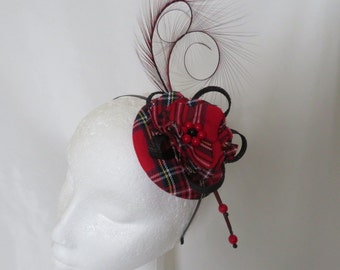 Black & Red Royal Stewart Tartan Fascinator Curl Feather and Sinamay Headpiece Hat Scarlet Plaid Highlands Scottish Wedding - Made to Order