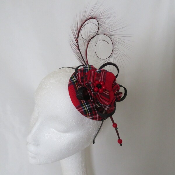 Black & Red Royal Stewart Tartan Fascinator Curl Feather and Sinamay Headpiece Hat Scarlet Plaid Highlands Scottish Wedding - Made to Order