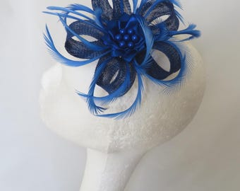 Feather Fascinator - Royal Cobalt Sapphire Blue Sinamay Loop Mini Hat Headpiece Wedding  Garden Party - UK Handmade to Order