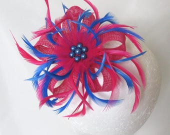 Royal Blue Heart-Shaped Fascinator with Hot Pink Floral Detail ANALIA FASCINATOR HAT - Pink and Ink Blue - Gold Coast Couture main image 4