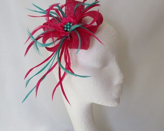 Cerise Raspberry Pink and Jade Cyan Green Sinamay Loop Vibrant Bright Fascinator Mini Hat Headpiece Wedding Races - Made to Order