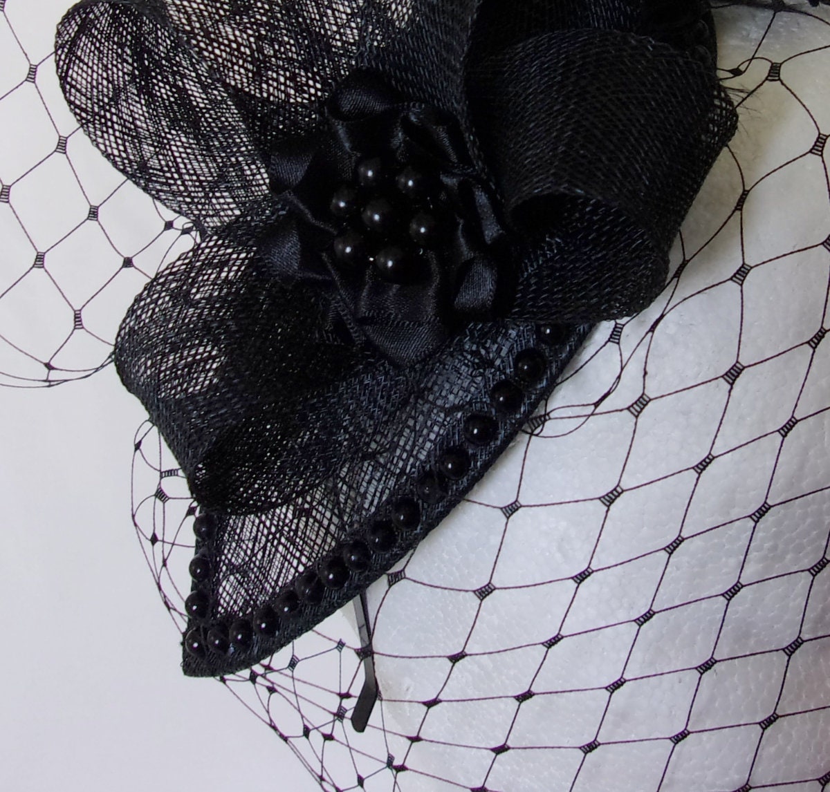 Exquisite Black Couture Jeweled Rhinestone Embellished Fascinator Hat NWT Black Crystal Fascinator Veiled Crystals or Pearl Studded  main image 3
