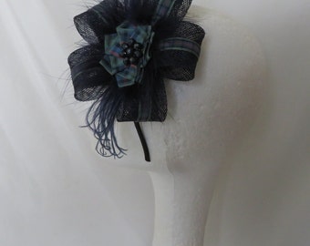 Navy Blue Fascinator Sinamay Loop with Flower of Scotland Tartan Mini Hair Clip Headpiece Feathers - Scottish Wedding - Made to Order