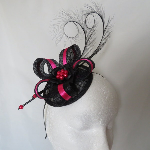 Black & Cerise Hot Fuchsia Pink Feather and Sinamay Fascinator Wedding Mini Hat Headpiece - Made to Order