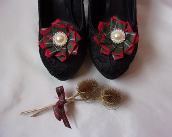 MacGregor Green & Red Tartan Pearl Diamante Shoe Clips Scottish Highlands Burns Night Gift Wedding - Made to Order