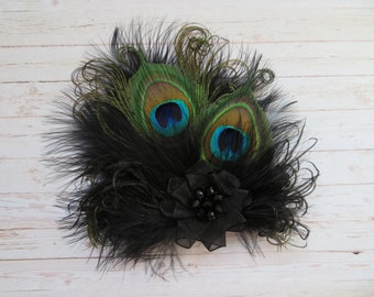 Black Peacock Feather & Crystal Pearl Vintage Gothic Style Mini Fascinator Wedding Party Hair Clip - Made to Order