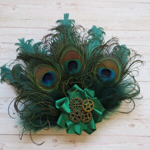 Bottle Green Peacock Feather and Pearl Steampunk Rustic Mini Hair Clip Fascinator Headpiece Gift Racing Hunter Wedding Made to Order image 1