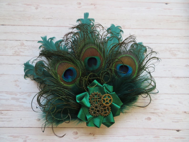 Bottle Green Peacock Feather and Pearl Steampunk Rustic Mini Hair Clip Fascinator Headpiece Gift Racing Hunter Wedding Made to Order image 1