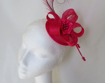 Cerise Pink Fascinator Bright Hot Fuchsia Pinks - Curl Feather Sinamay Loop Pearls Handmade Wedding Mini Hat Headpiece - Made to Order