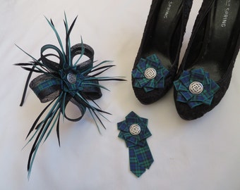 Black and Bottle Emerald Green Tartan Celtic Fascinator Headpiece Brooch & Shoe Clips Set - Wedding Black Watch Plaid - Made to Order