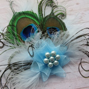 Pale Ice Blue Peacock Feather & Pearl Small Vintage Hair Clip Fascinator or Vintage Style Flapper Band Gift Gifts Made to Order image 4