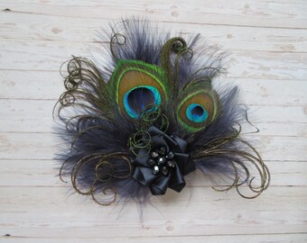 Navy Peacock Fascinator Vintage Rustic Style Feather Midnight Blue Mini Hair Clip Headpiece Wedding  - Made to Order