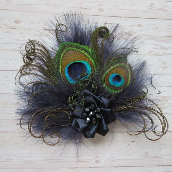 Navy Peacock Fascinator Vintage Rustic Style Feather Midnight Blue Mini Hair Clip Headpiece Wedding  - Made to Order