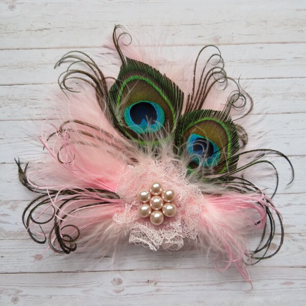 Pale Blush Baby Pink Peacock Feather Lace & Pearl Vintage Style Hair Clip Fascinator Headpiece Gift Gifts  - Made to Order