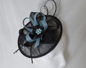 Pale Blue Black Fascinator Baby Powder Blue Upback Saucer Sinamay Loop Curl Feather and Pearl Hat- Made to Order - Royal Ascot -Derby