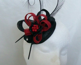 Black and Dark Red Pheasant Curl Feather Sinamay Loop & Pearl Fascinator Mini Hat - Made To Order for a Wedding or the Derby