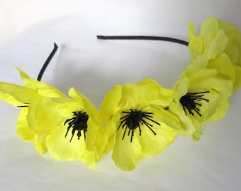 Bright Yellow & Black Flower Crown Headband – Retro Boho Fascinator, Vintage Garden Party Hair Wreath, Floral Festival Wedding Accessory