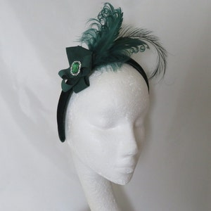 Bottle Green Feather Headband - Vintage Retro Halo Padded Velvet Band Crystal Emerald - Wedding Fashion - Ready Made