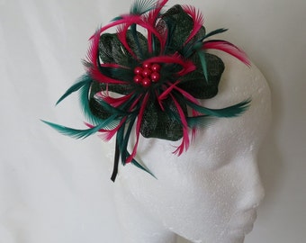 Dark Bottle Forest Green and Cerise Raspberry Pink Sinamay Loop Feather Clip Fascinator Mini Hat Headpiece Bag Wedding Races - Made to Order