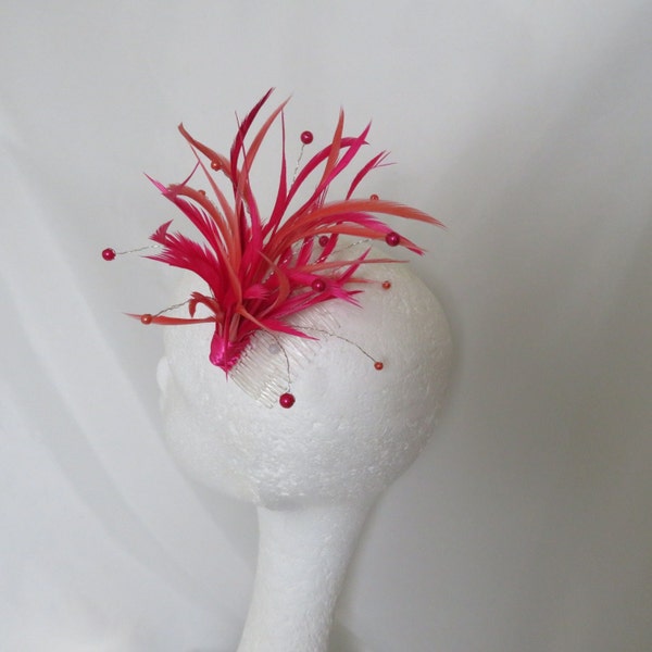 Cerise Fuchsia Pink and Papaya Light Orange Vibrant Feather Comb Fascinator Regency Headpiece Races Wedding - Ready Made