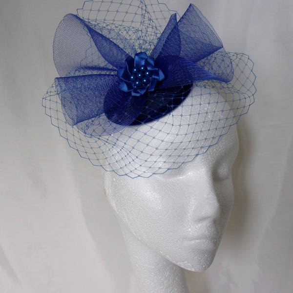 Royal Blue Fascinator - Cobalt Sapphire Blusher Veil Crinoline & Pearl Wedding Percher Mini Hat Hatinator Ascot Derby - Made To Order